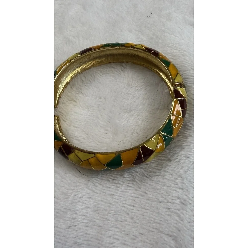 Vintage Gold Tone Mosaic Enamel Hinged Bangle Bracelet Multicolor Retro